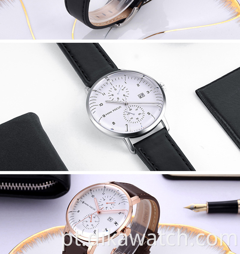 MINI 0052G Marca Moda Negócios Couro Homens Relógios de Quartzo Reloj De Hombre Chronograph Relógios de pulso à prova d'água para homens
